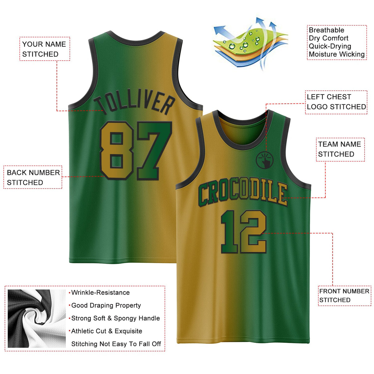 Custom Kelly Green Old Gold-Black Authentic Gradient Fashion Basketball Jersey