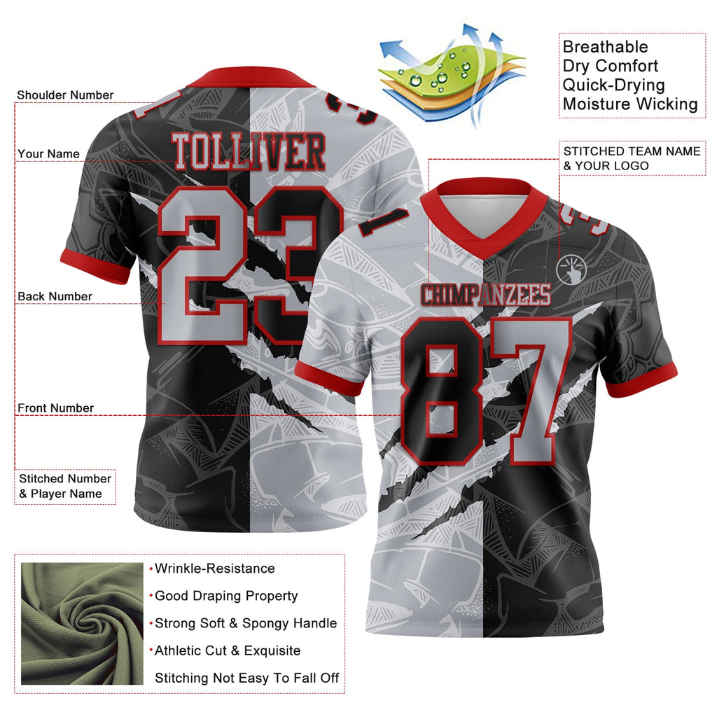 Custom Black Gray-Red Authentic Gradient Fashion Scratch Football Jersey