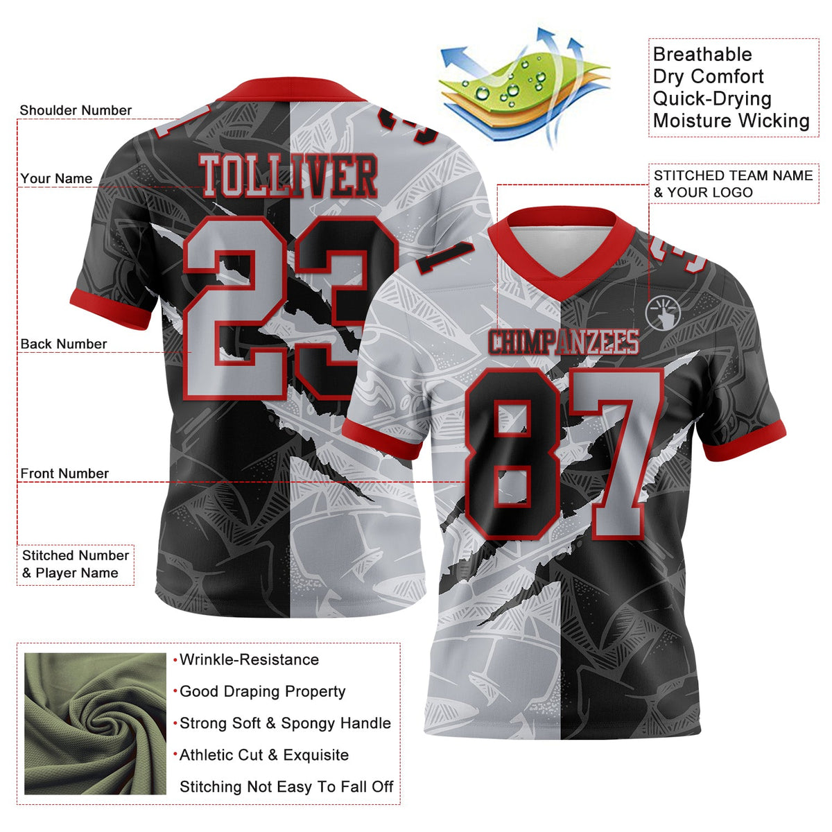 Custom Black Gray-Red Authentic Gradient Fashion Scratch Football Jersey