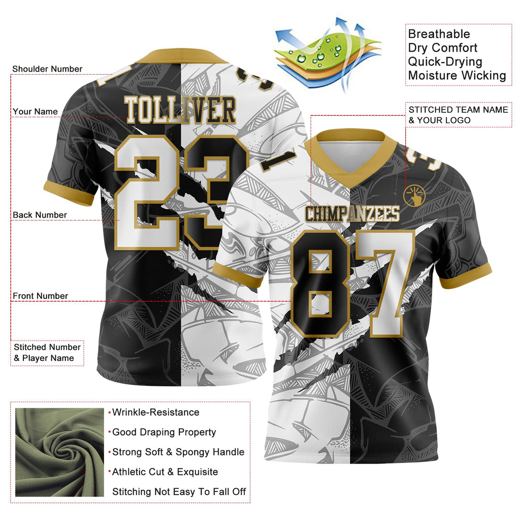 Custom Black White-Old Gold Authentic Gradient Fashion Scratch Football Jersey