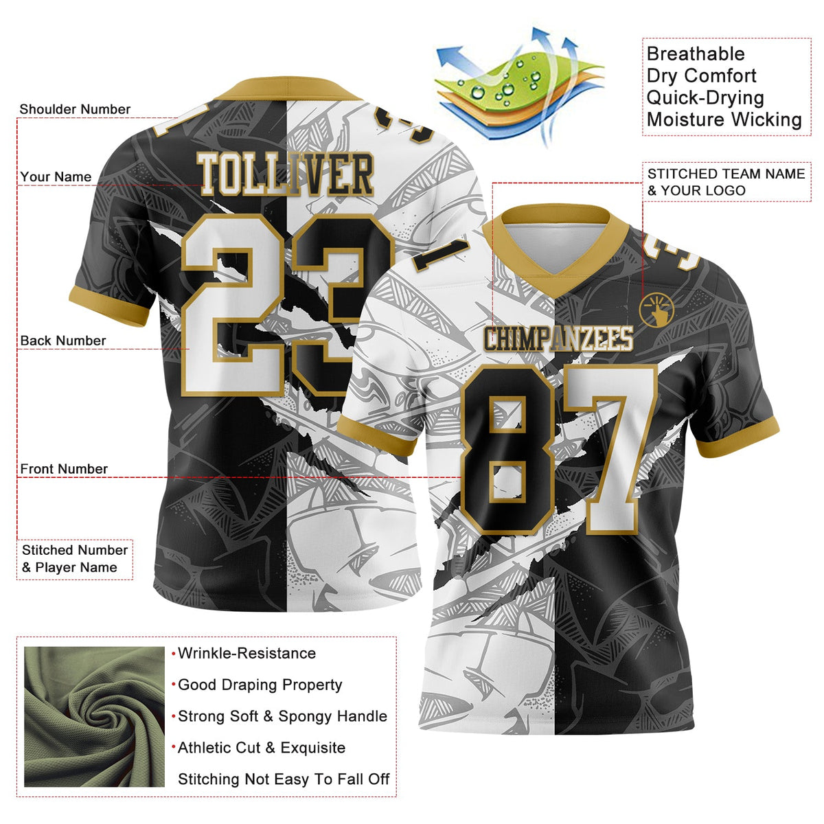 Custom Black White-Old Gold Authentic Gradient Fashion Scratch Football Jersey