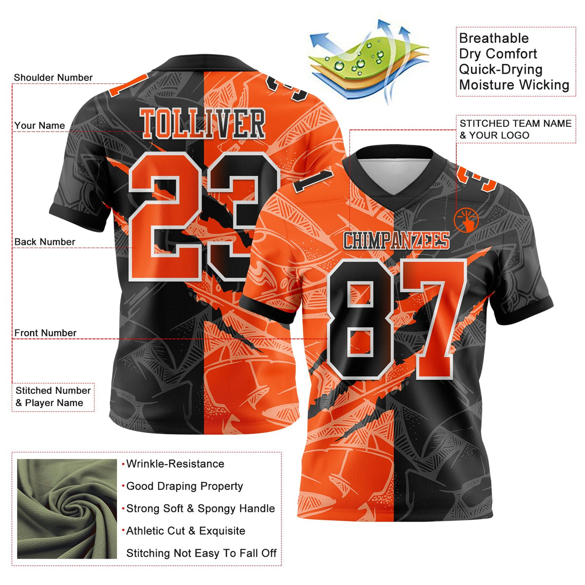 Custom Black Orange-White Authentic Gradient Fashion Scratch Football Jersey