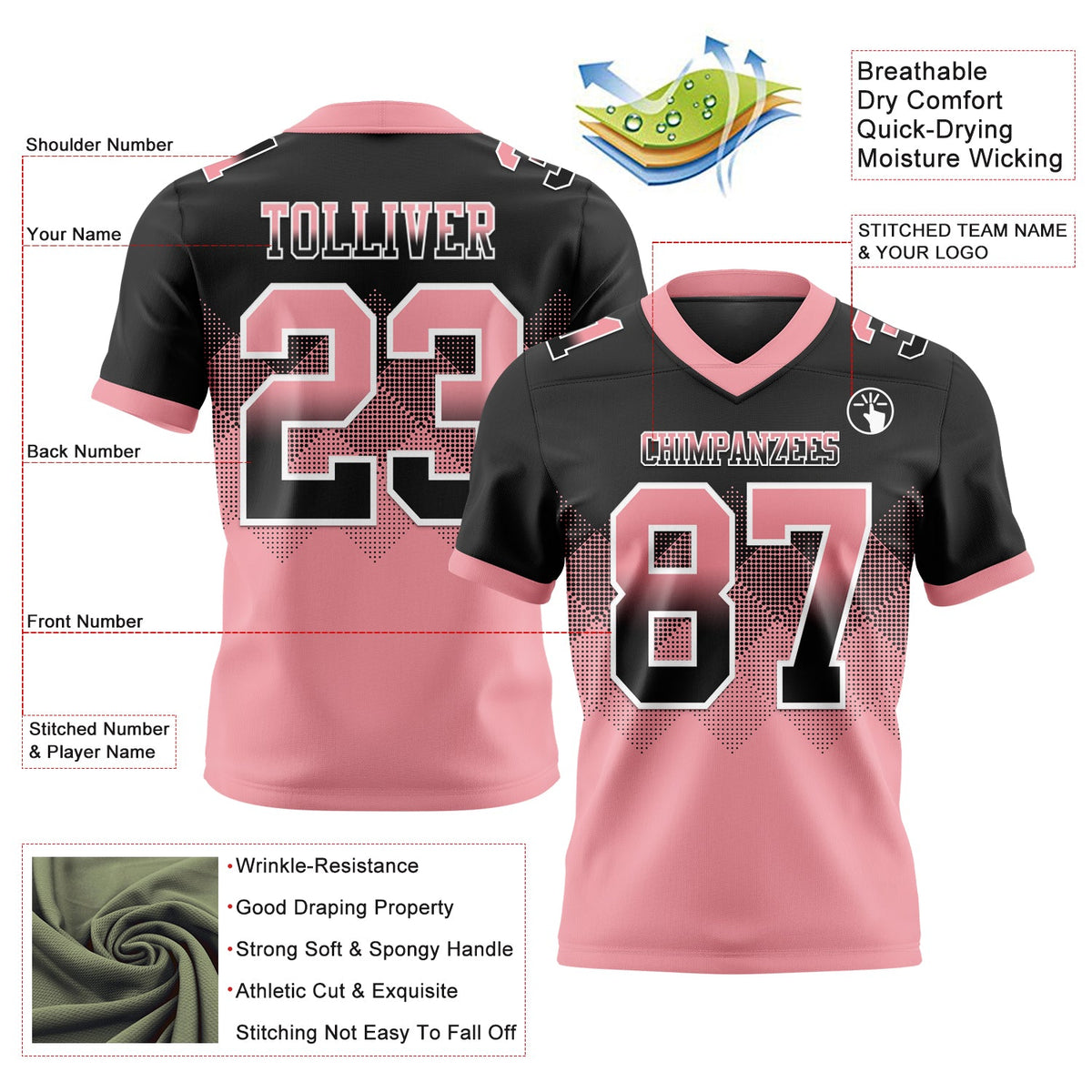 Custom Black Medium Pink-White Authentic Gradient Square Shape Flag Football Jersey