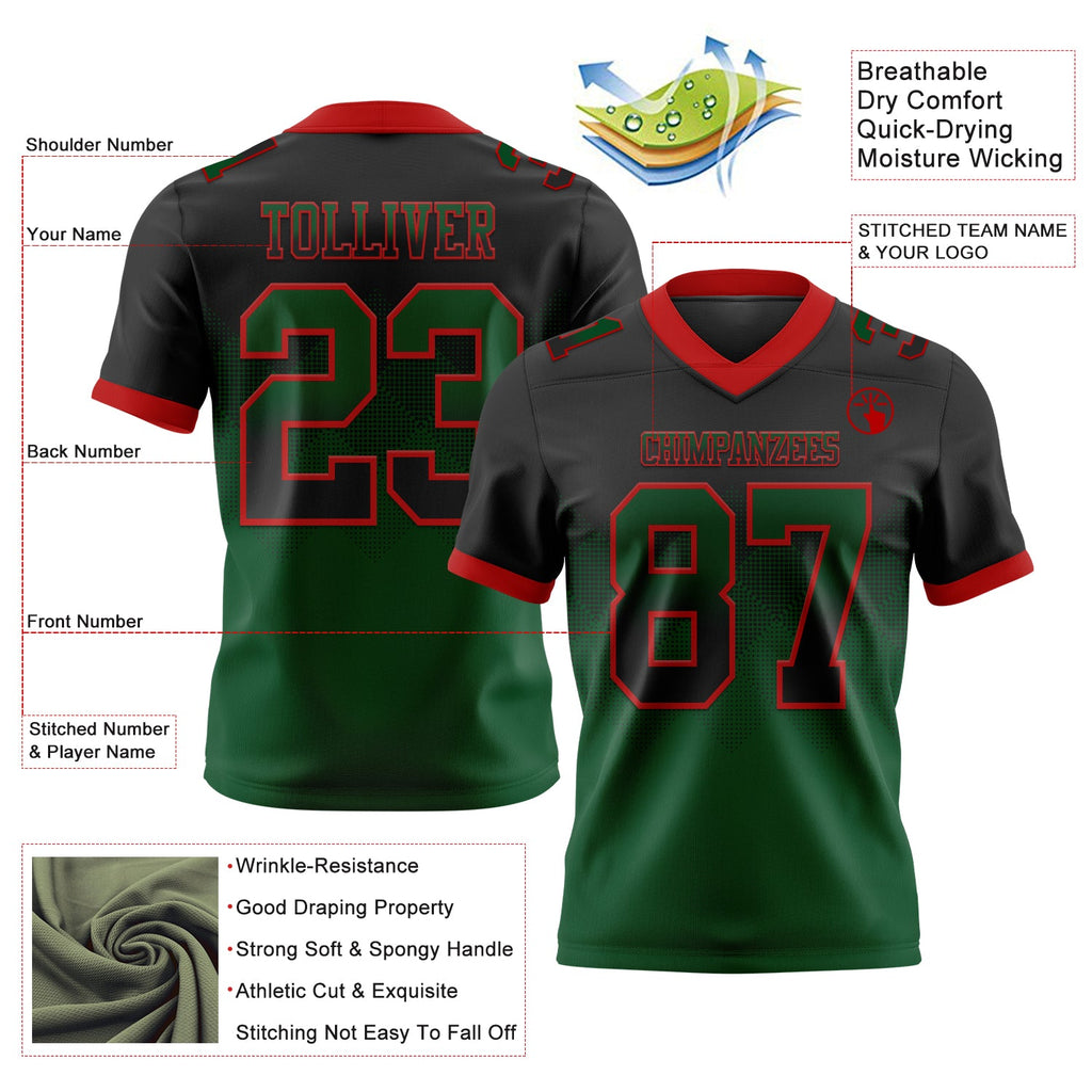Custom Black Green-Red Authentic Gradient Square Shape Flag Football Jersey