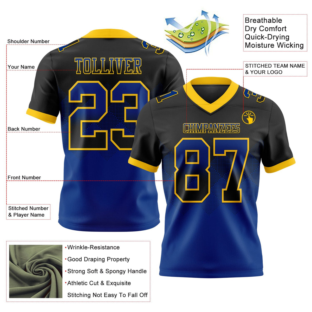 Custom Black Royal-Yellow Authentic Gradient Square Shape Flag Football Jersey