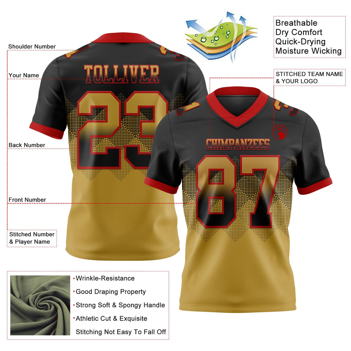 Custom Black Old Gold-Red Authentic Gradient Square Shape Flag Football Jersey