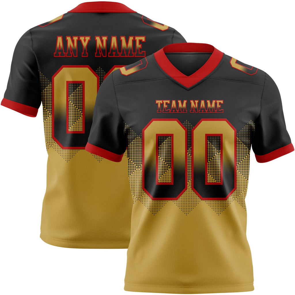 Custom Black Old Gold-Red Authentic Gradient Square Shape Flag Football Jersey