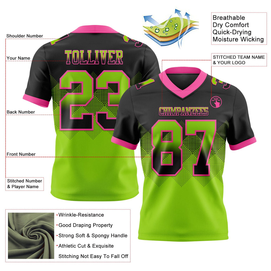 Custom Black Neon Green-Pink Authentic Gradient Square Shape Flag Football Jersey