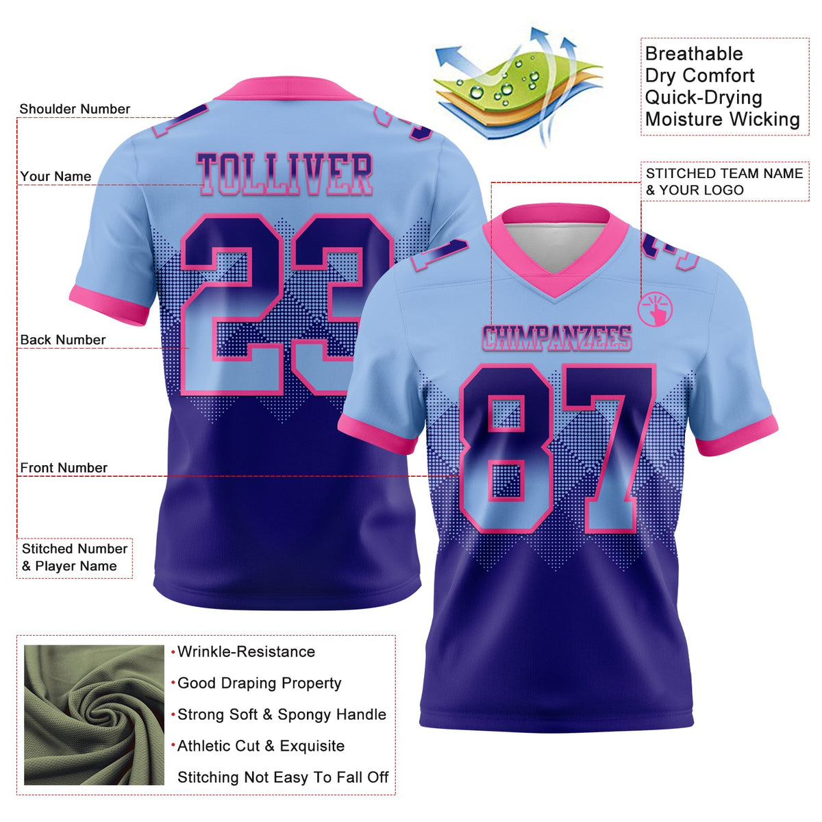 Custom Light Blue Dark Purple-Pink Authentic Gradient Square Shape Flag Football Jersey