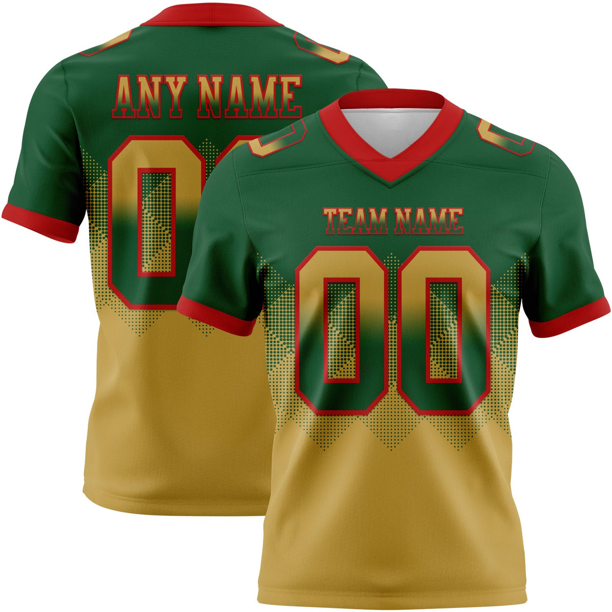 Custom Green Old Gold-Red Authentic Gradient Square Shape Flag Football Jersey
