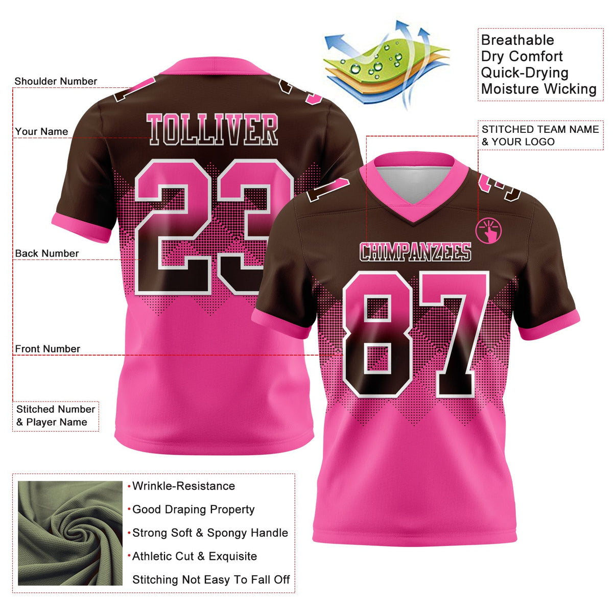 Custom Brown Pink-White Authentic Gradient Square Shape Flag Football Jersey