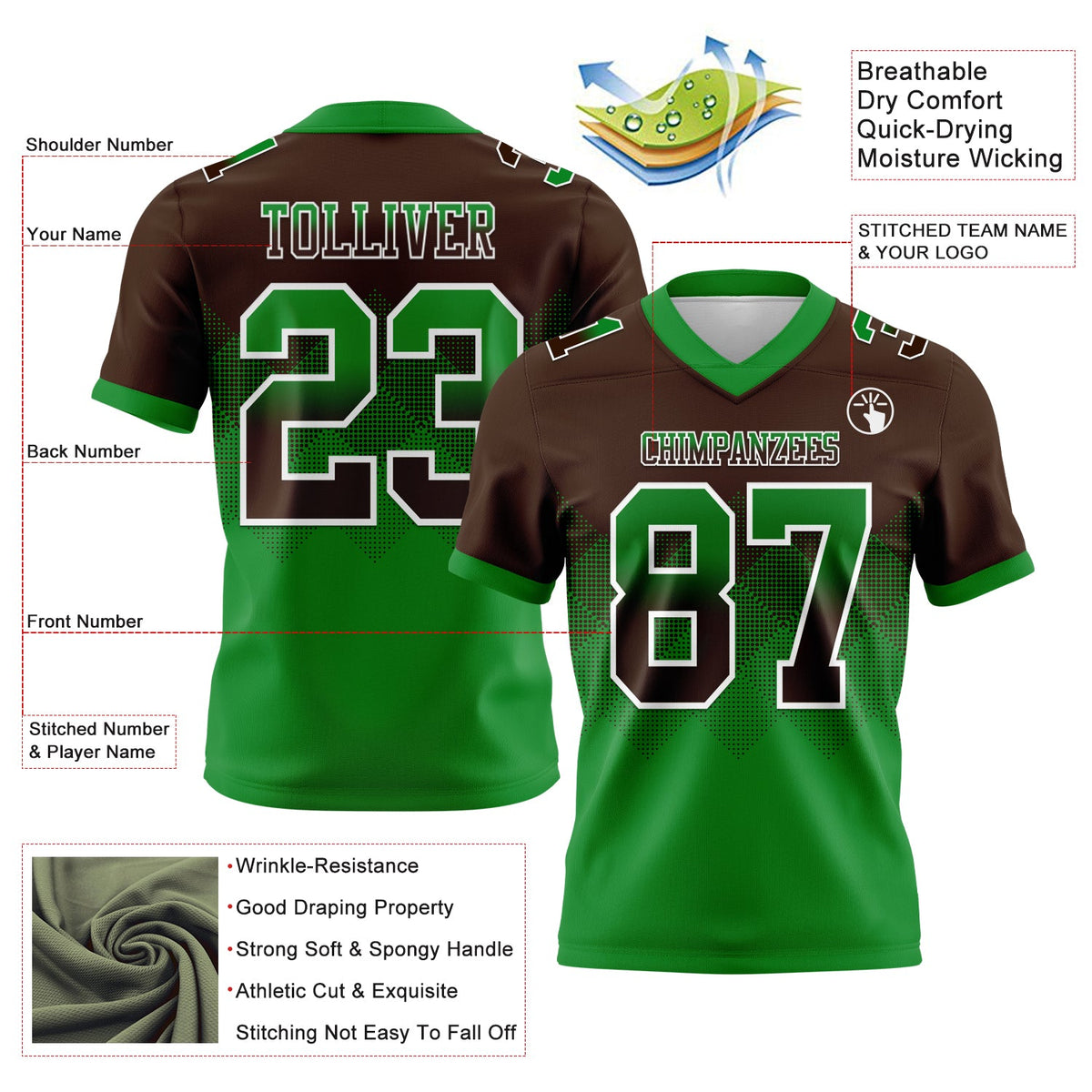 Custom Brown Grass Green-White Authentic Gradient Square Shape Flag Football Jersey