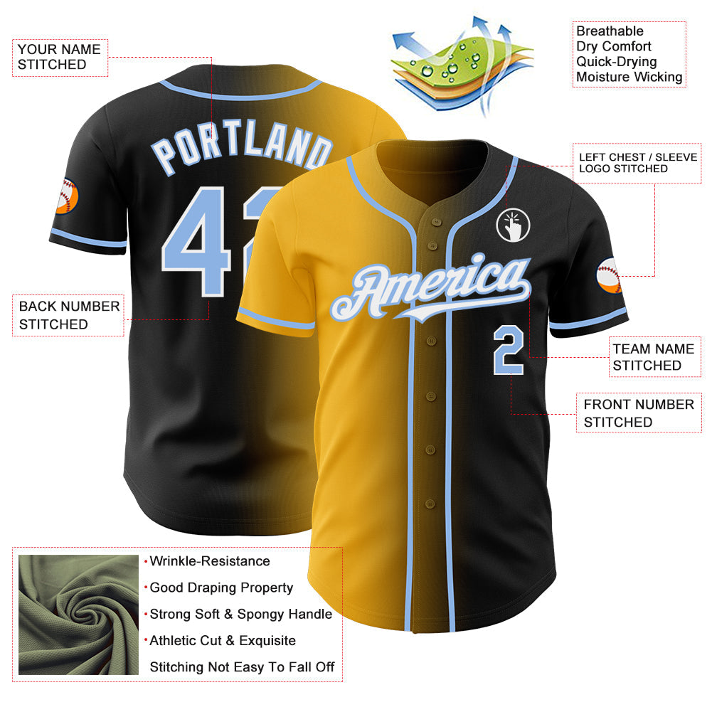 Custom Black Light Blue Gold-White Authentic Gradient Fashion Baseball Jersey