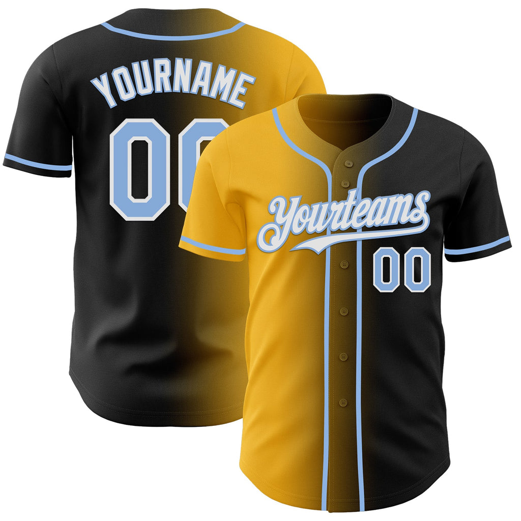 Custom Black Light Blue Gold-White Authentic Gradient Fashion Baseball Jersey