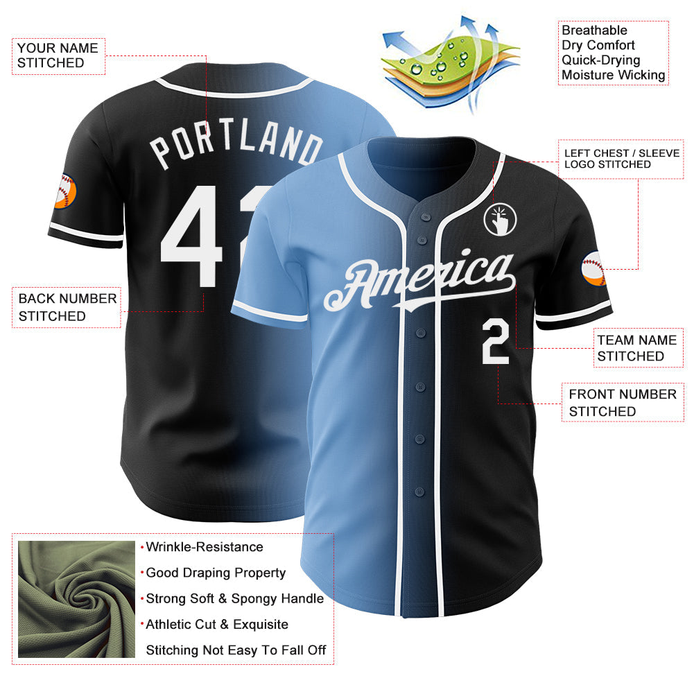Custom Black White-Light Blue Authentic Gradient Fashion Baseball Jersey