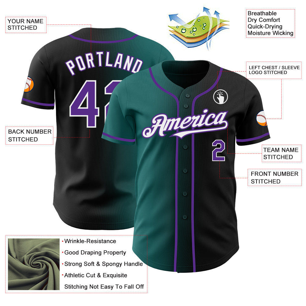 Custom Black Purple Teal-White Authentic Gradient Fashion Baseball Jersey