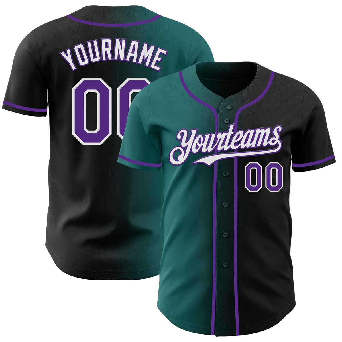 Custom Black Purple Teal-White Authentic Gradient Fashion Baseball Jersey