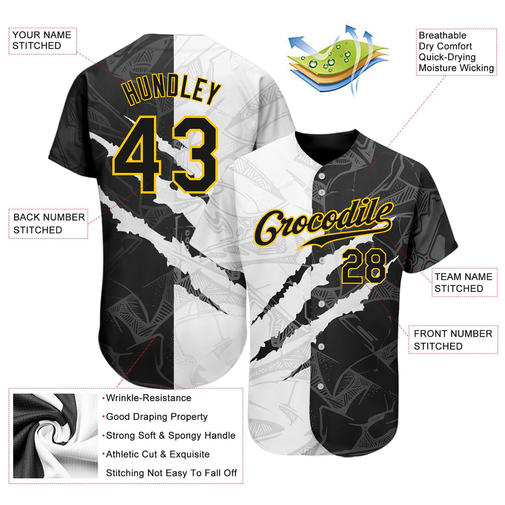 Custom Graffiti Pattern Black-Gold 3D Scratch Authentic Baseball Jersey