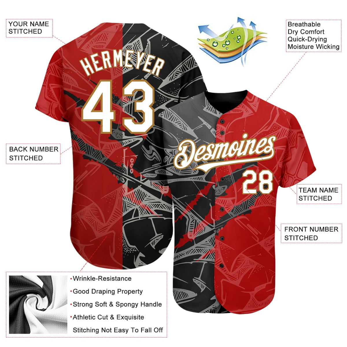 Custom Graffiti Pattern White Red Black-Old Gold 3D Scratch Authentic Baseball Jersey