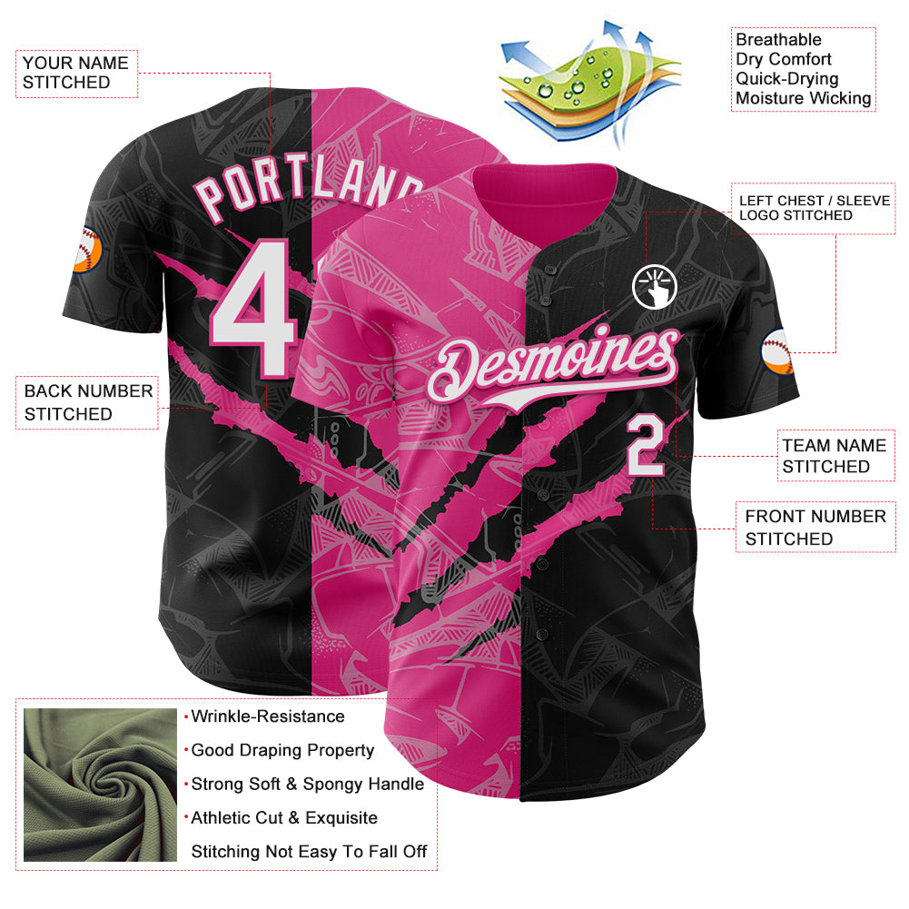 Custom Graffiti Pattern White Black-Pink 3D Scratch Authentic Baseball Jersey