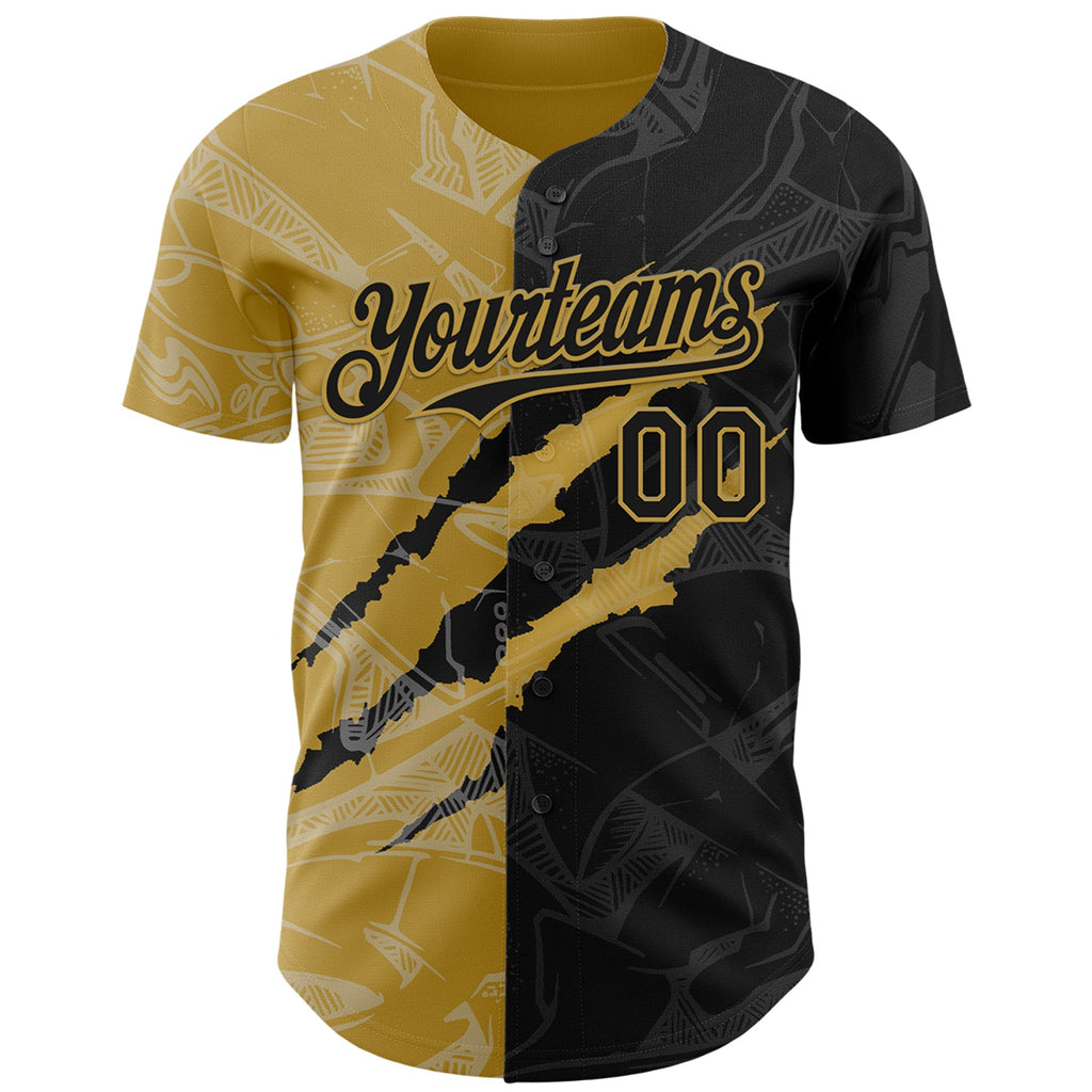 Custom Graffiti Pattern Black-Old Gold 3D Scratch Authentic Baseball Jersey