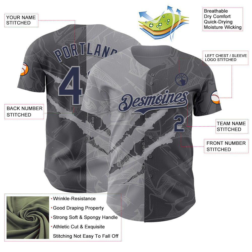Custom Graffiti Pattern Navy Steel Gray-Gray 3D Scratch Authentic Baseball Jersey
