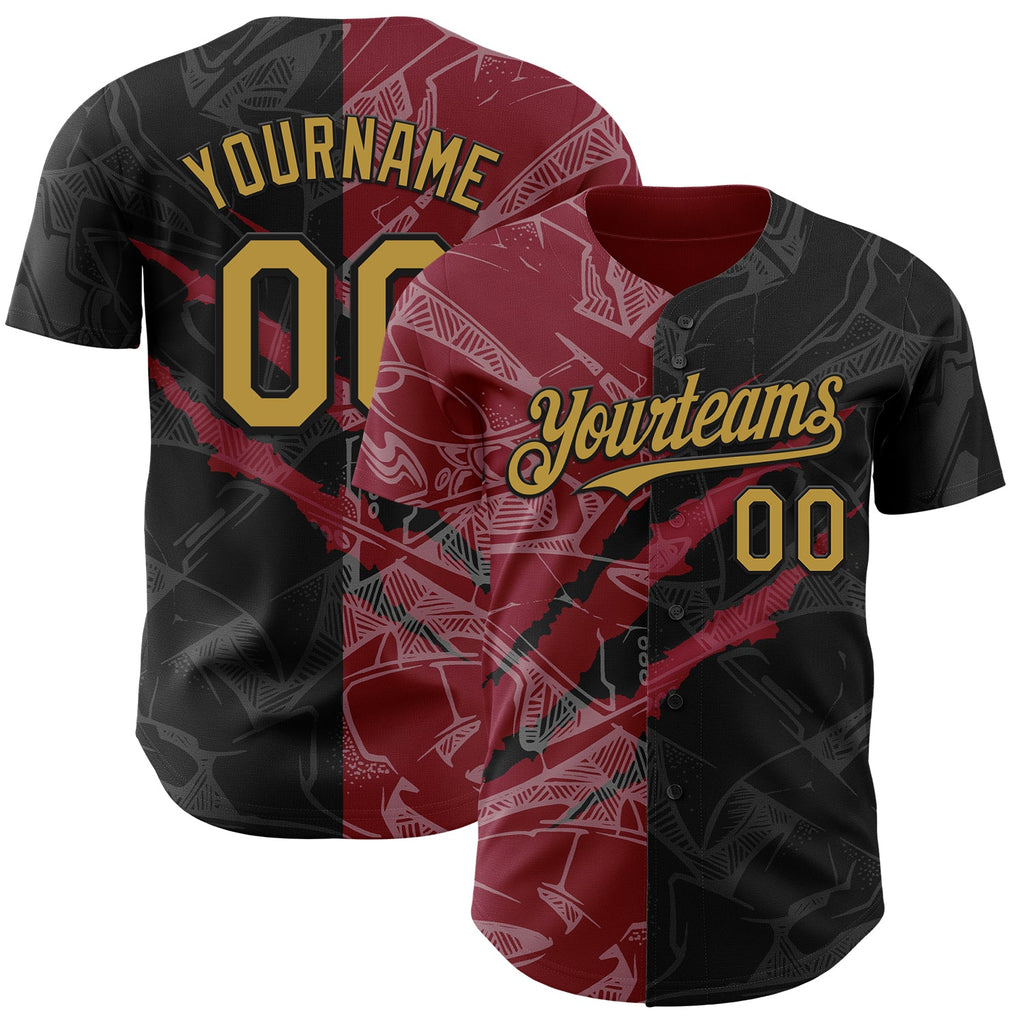 Custom Graffiti Pattern Old Gold Black-Crimson 3D Scratch Authentic Baseball Jersey