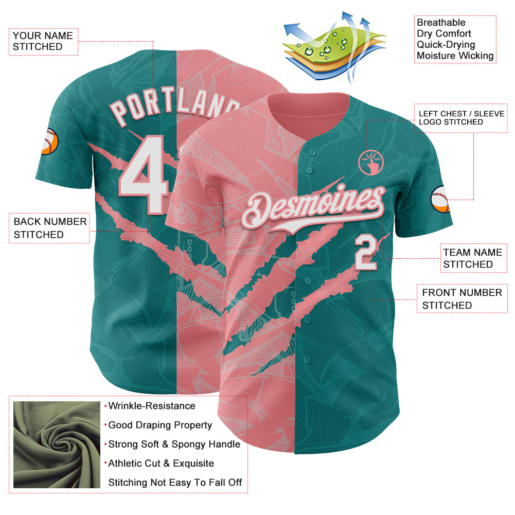 Custom Graffiti Pattern White Teal-Medium Pink 3D Scratch Authentic Baseball Jersey
