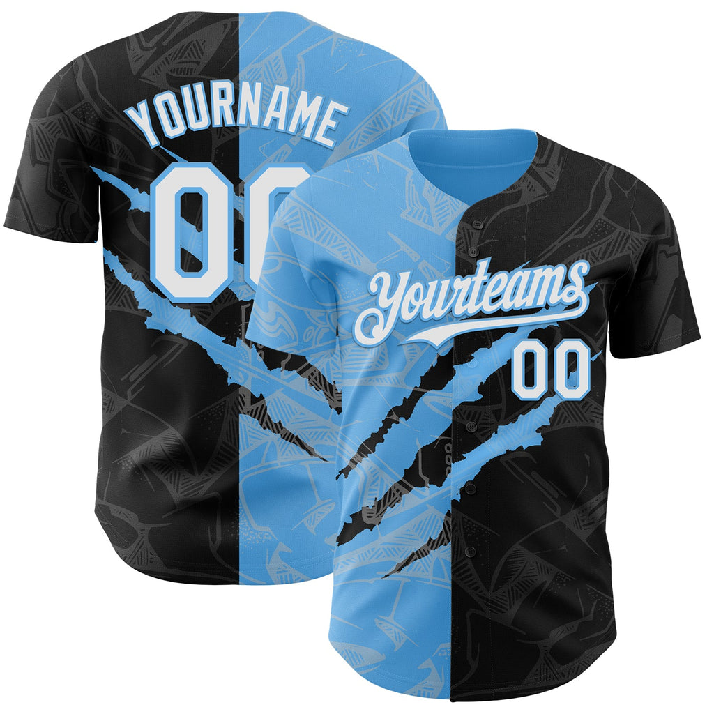 Custom Graffiti Pattern White Black-Sky Blue 3D Scratch Authentic Baseball Jersey