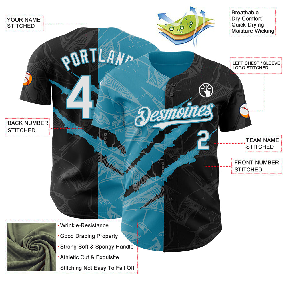 Custom Graffiti Pattern White Black-Panther Blue 3D Scratch Authentic Baseball Jersey