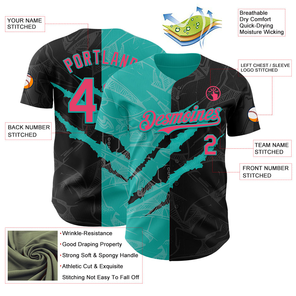 Custom Graffiti Pattern Neon Pink Black-Aqua 3D Scratch Authentic Baseball Jersey