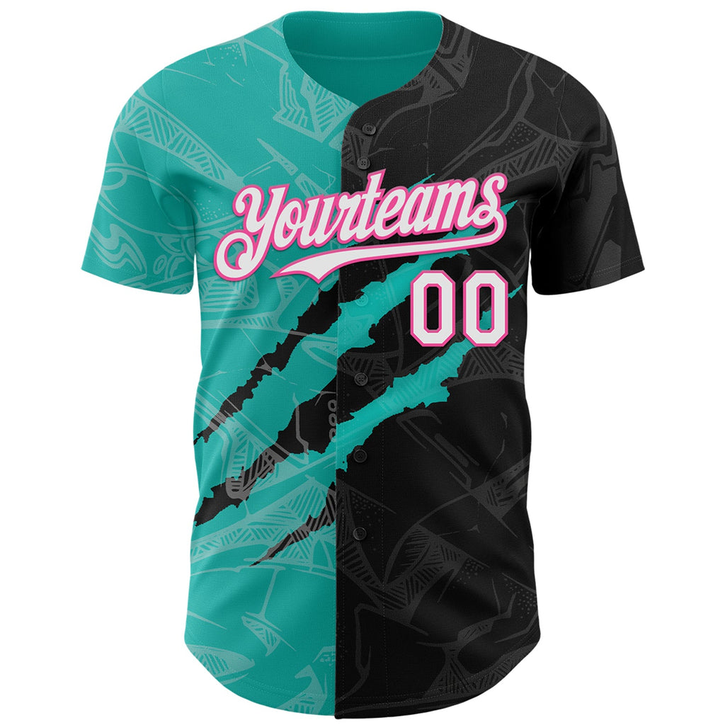 Custom Graffiti Pattern White Black Aqua-Pink 3D Scratch Authentic Baseball Jersey
