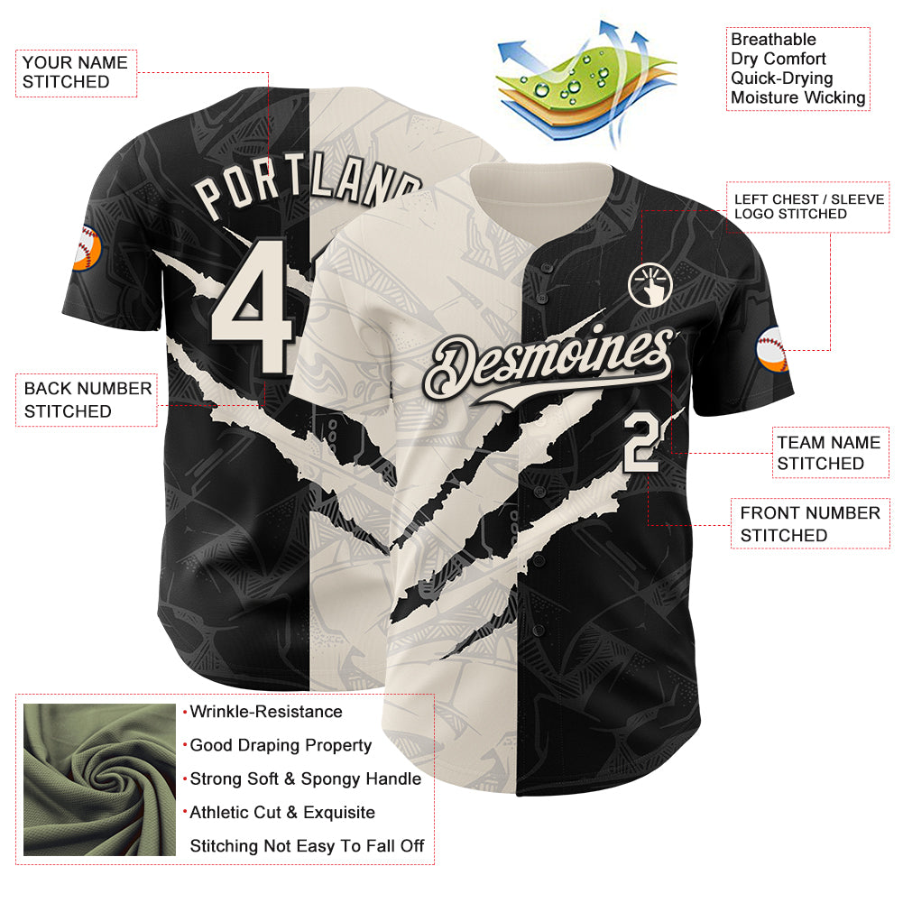 Custom Graffiti Pattern Cream-Black 3D Scratch Authentic Baseball Jersey