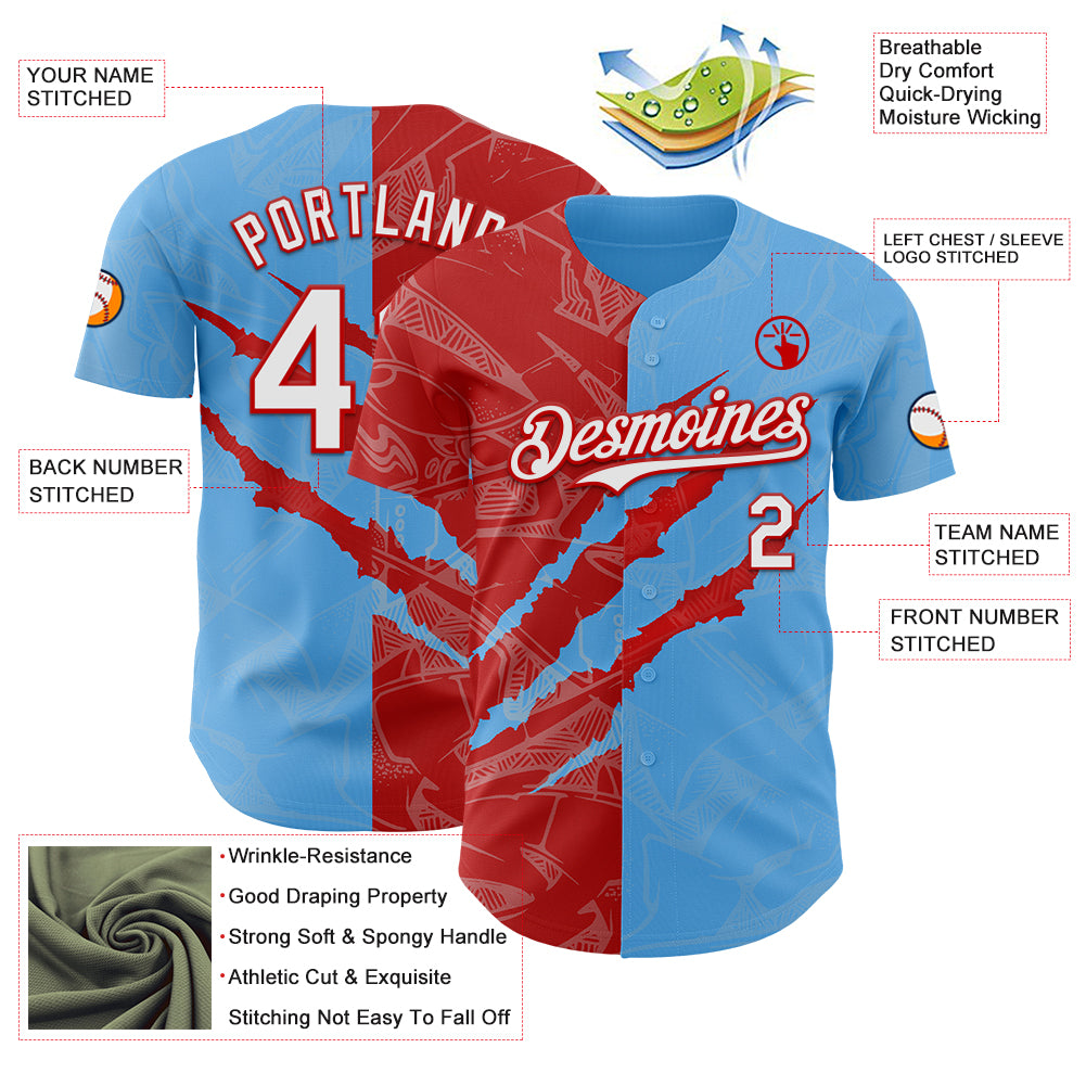 Custom Graffiti Pattern White Sky Blue-Red 3D Scratch Authentic Baseball Jersey