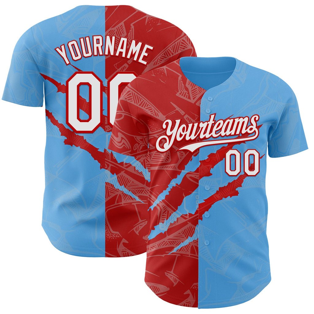 Custom Graffiti Pattern White Sky Blue-Red 3D Scratch Authentic Baseball Jersey