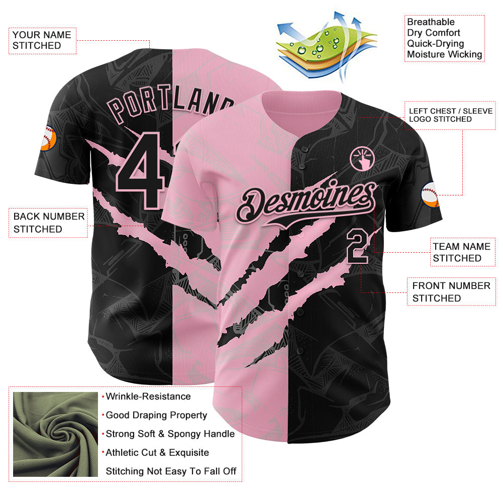 Custom Graffiti Pattern Black-Light Pink 3D Scratch Authentic Baseball Jersey