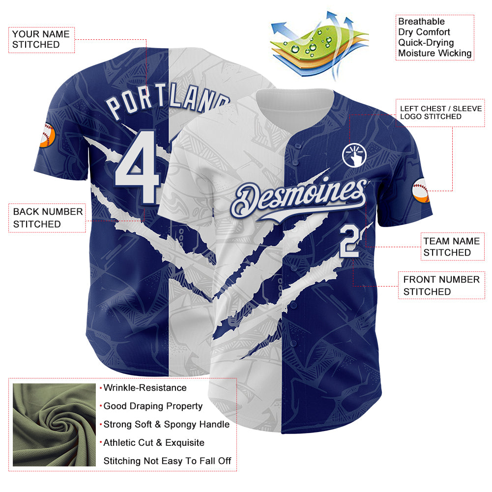 Custom Graffiti Pattern White-Royal 3D Scratch Authentic Baseball Jersey