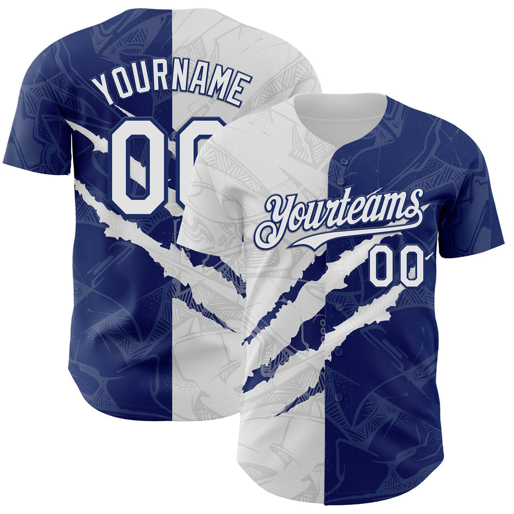Custom Graffiti Pattern White-Royal 3D Scratch Authentic Baseball Jersey