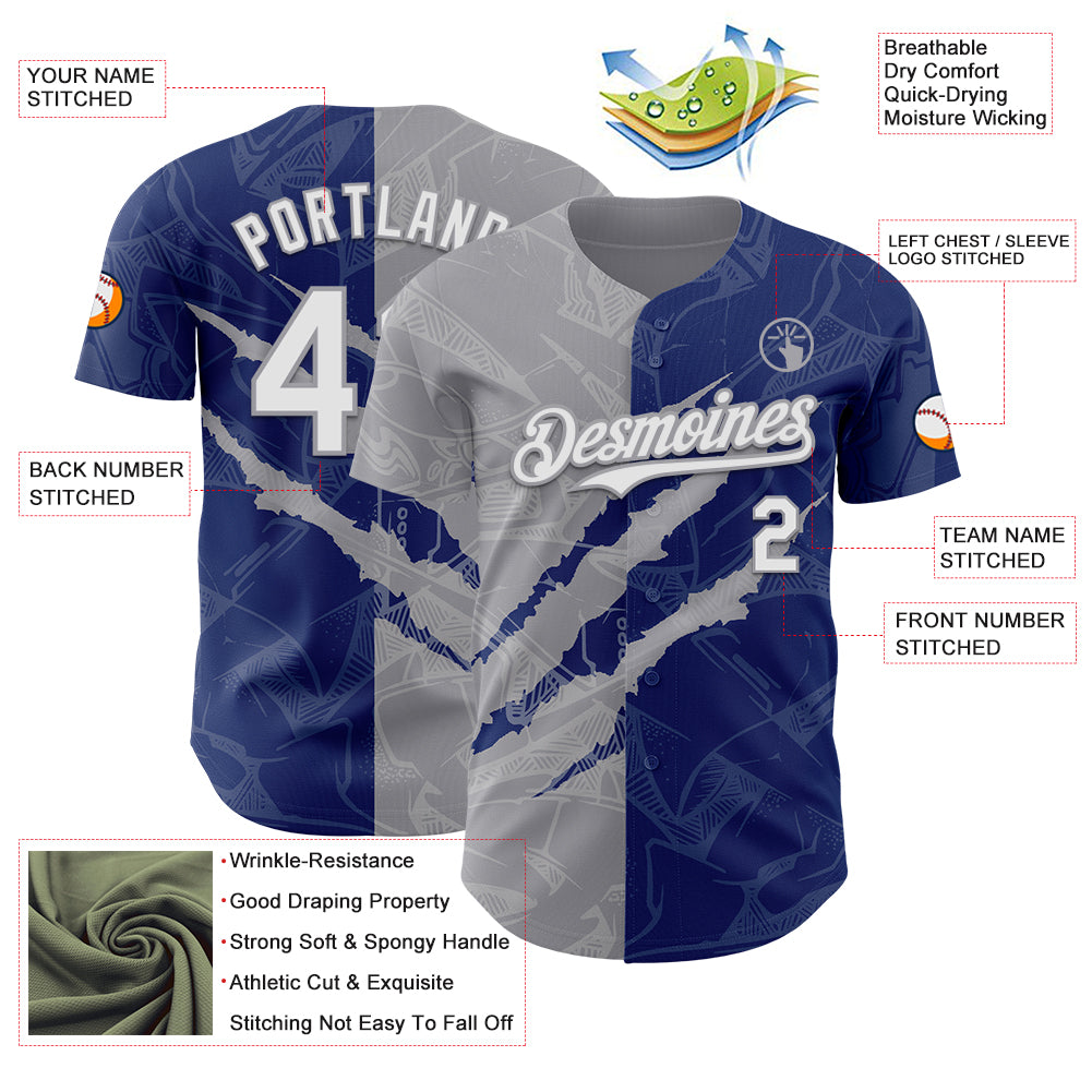Custom Graffiti Pattern White Royal-Gray 3D Scratch Authentic Baseball Jersey