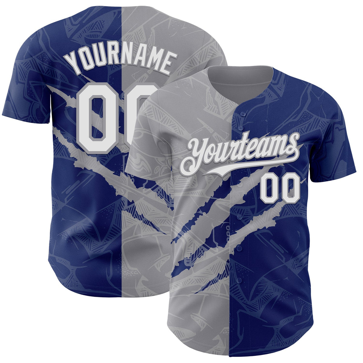 Custom Graffiti Pattern White Royal-Gray 3D Scratch Authentic Baseball Jersey