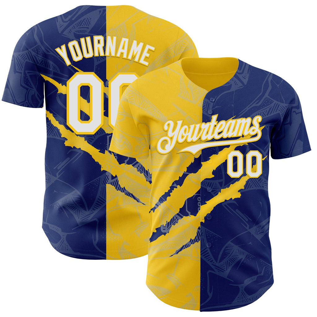 Custom Graffiti Pattern White Royal-Yellow 3D Scratch Authentic Baseball Jersey