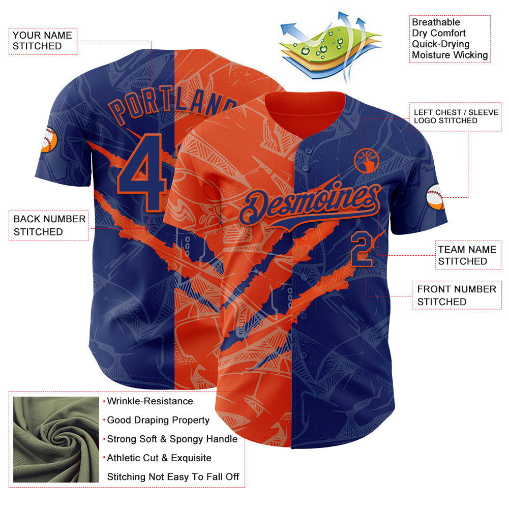 Custom Graffiti Pattern Royal-Orange 3D Scratch Authentic Baseball Jersey