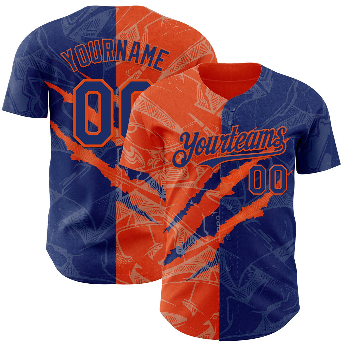 Custom Graffiti Pattern Royal-Orange 3D Scratch Authentic Baseball Jersey
