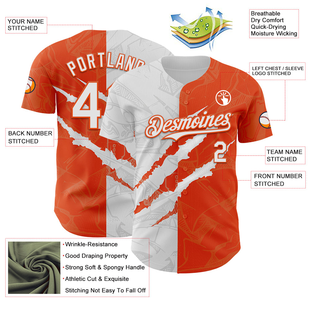 Custom Graffiti Pattern White-Orange 3D Scratch Authentic Baseball Jersey