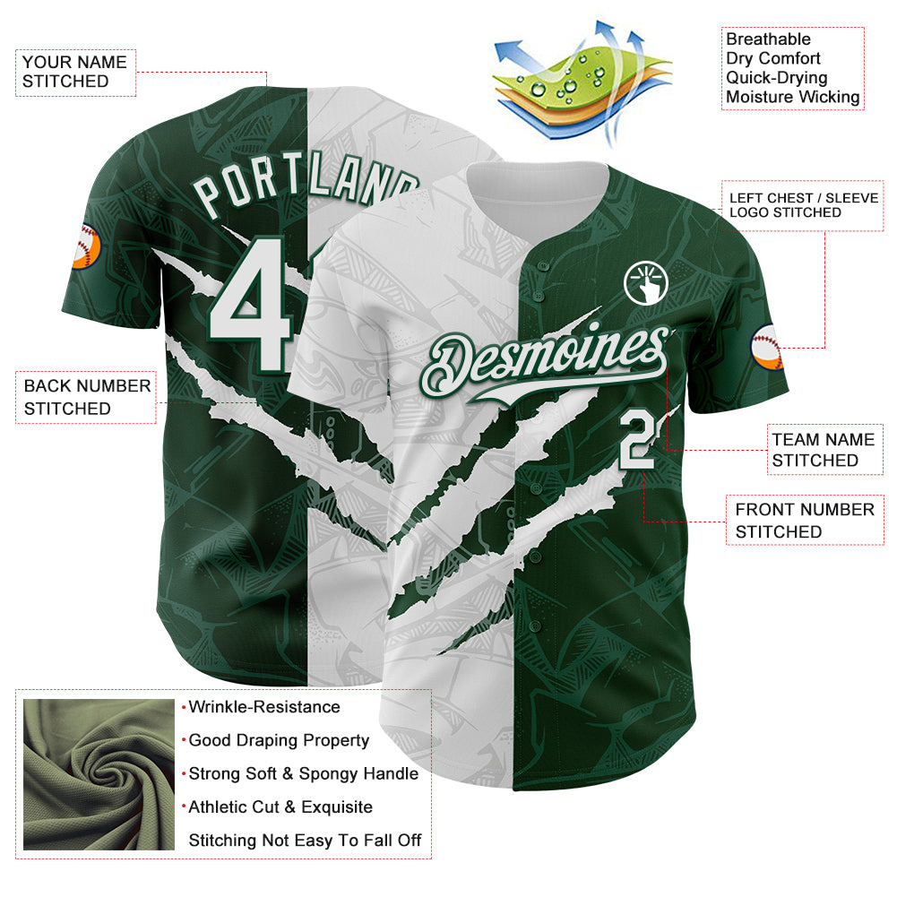 Custom Graffiti Pattern White-Green 3D Scratch Authentic Baseball Jersey