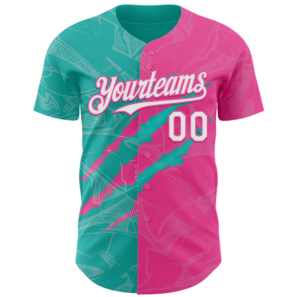 Custom Graffiti Pattern White Pink-Aqua 3D Scratch Authentic Baseball Jersey