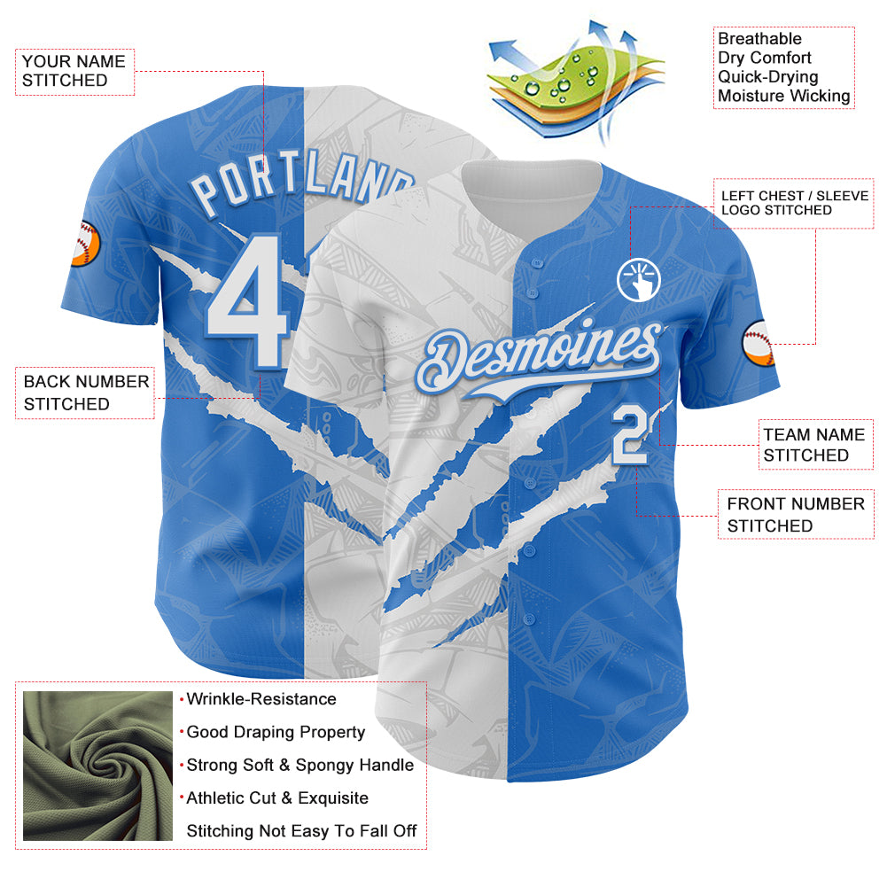 Custom Graffiti Pattern White-Electric Blue 3D Scratch Authentic Baseball Jersey