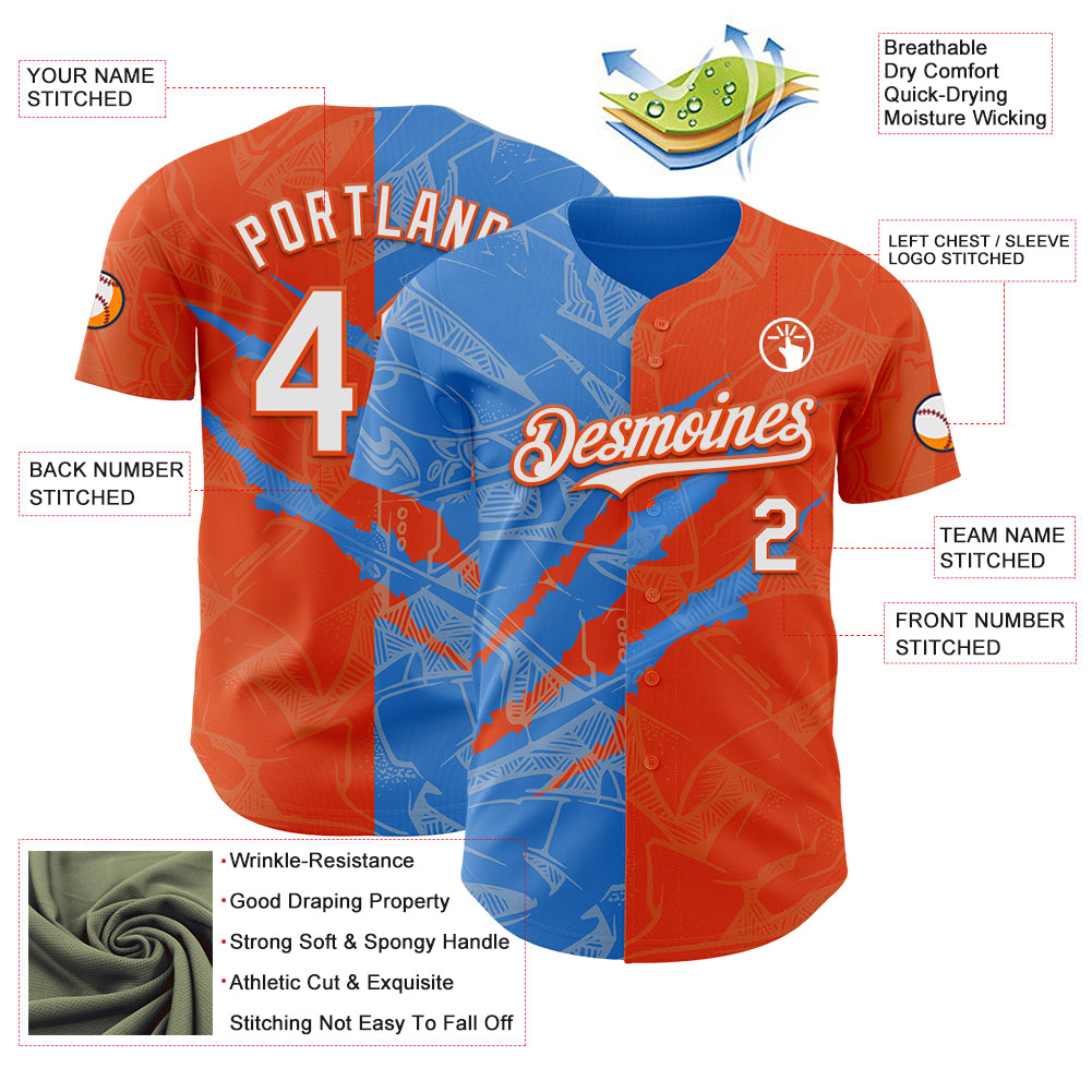 Custom Graffiti Pattern White Orange-Electric Blue 3D Scratch Authentic Baseball Jersey