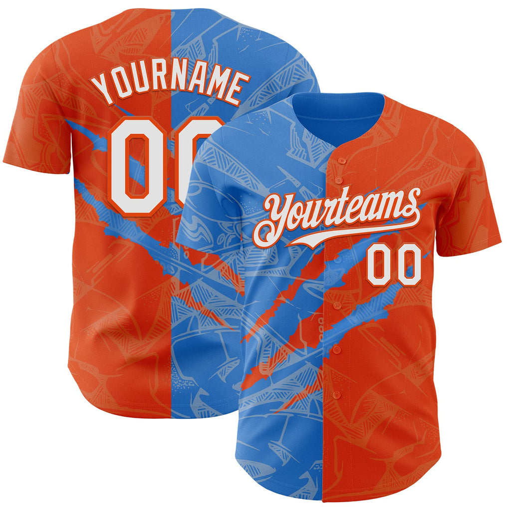 Custom Graffiti Pattern White Orange-Electric Blue 3D Scratch Authentic Baseball Jersey