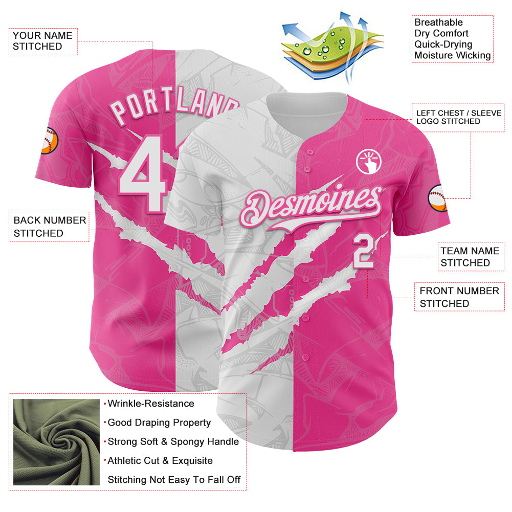 Custom Graffiti Pattern White-Pink 3D Scratch Authentic Baseball Jersey